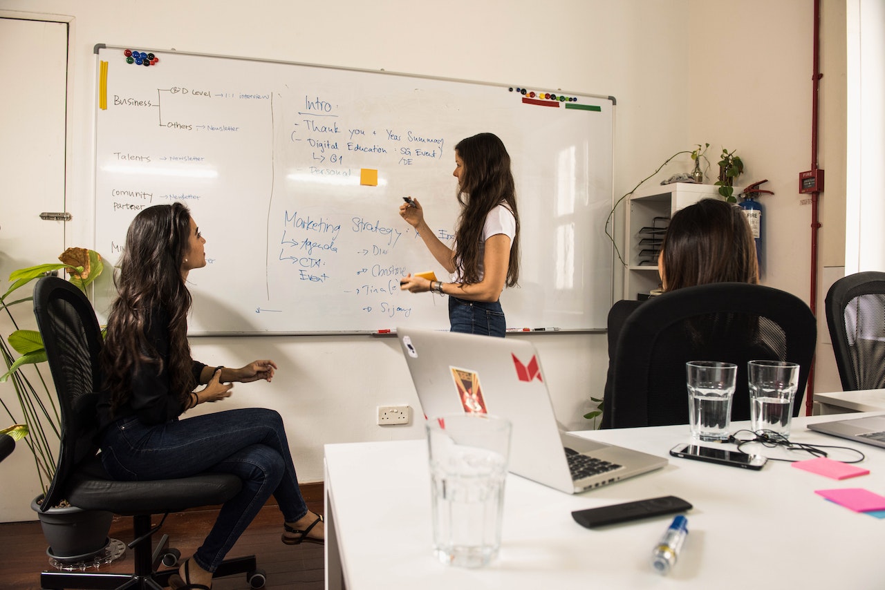 3 mulheres escrevendo num quadro branco as Estratégia de Marketing de Conteúdo